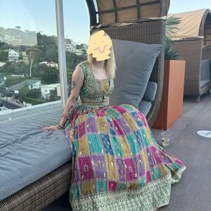 Multicolored embroidered with gold detail Patchwork Lehenga with Choli & Jacket